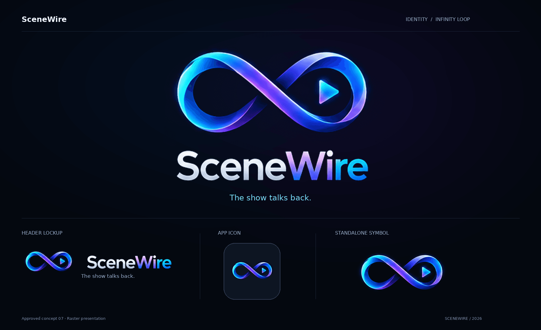 SceneWire identity sheet with the approved infinity-loop arrangement